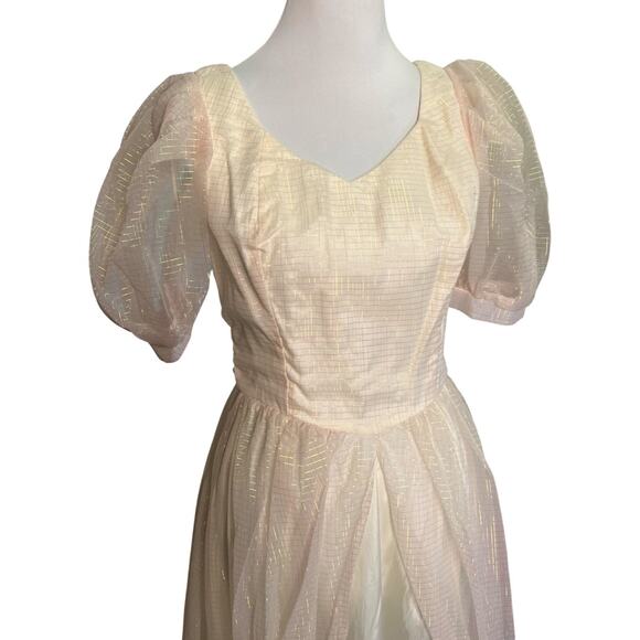 Vintage 1980s Cream Princess Dress with Sheer Iridescent Overlay Medium - Picture 4 of 6